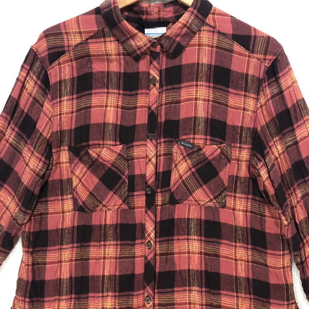 Columbia Womens Plaid Long Sleeve Button Up Shirt Rose Black Rayon Large